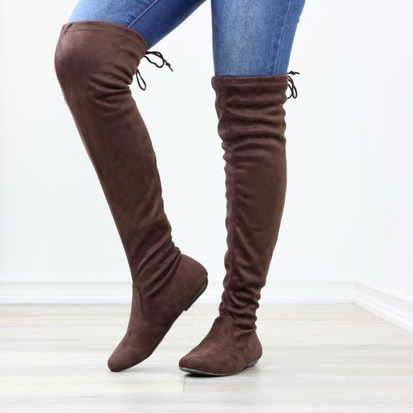 Brown Thigh High Over The Knee Flat Boots Faux Suede - Picture 10 of 13